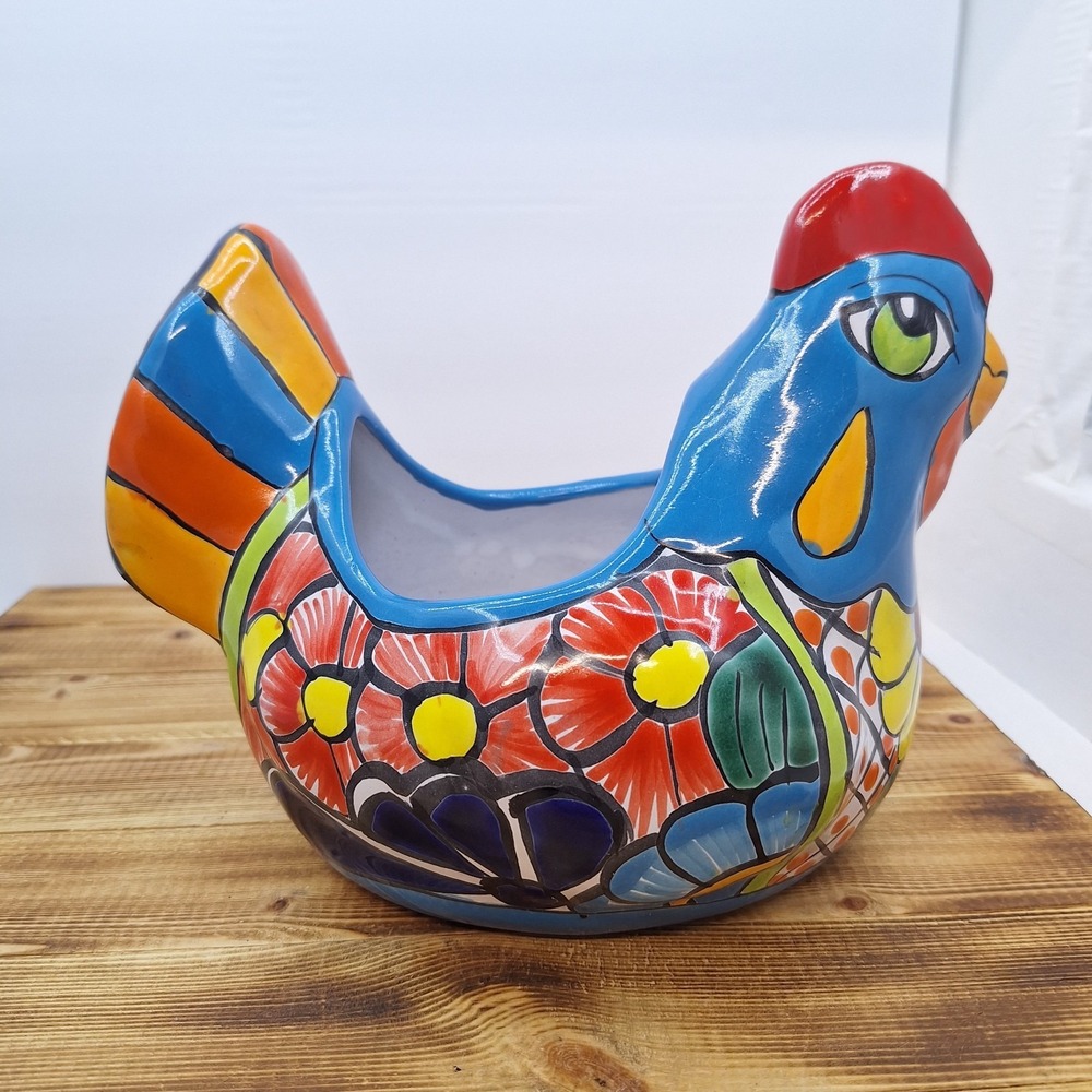 Beautiful Talavera Mexican Chicken Pottery Planter Colorful - Picture 4 of 11